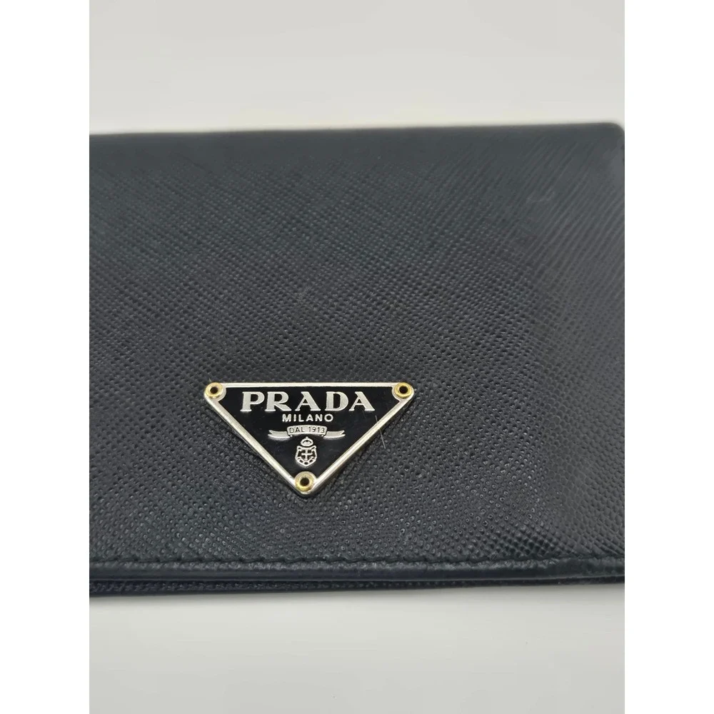 Prada Saffiano Leather Bifold Card Holder Wallet Black Triangle Logo ID Window